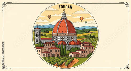 Vibrant illustration of florence cathedral in italy with hot air balloons and toucan logo