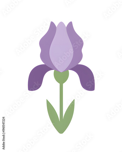Minimalist Iris Flower Icon with Soft Purple Petals and Green Stem on White Background