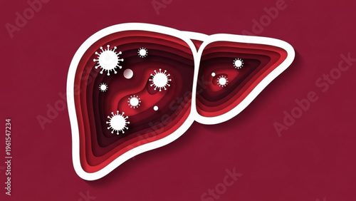 Paper cut illustration of a human liver with internal viral infection. Symbolizing hepatitis, liver disease, and medical health complications. A conceptual graphic of organ pathology