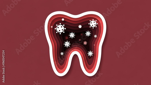 A stylized illustration of a tooth containing virus particles, symbolizing dental health concerns and the impact of illness on teeth