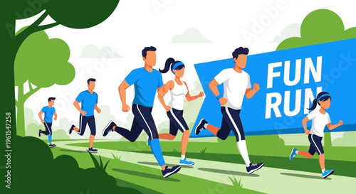 Joyful Participants Participating in a Fun Run Event Displayed in a Vector Style Illustration