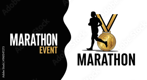 Marathon Event Emblem Depicting Runner Silhouette with a First Place Gold Medal Design