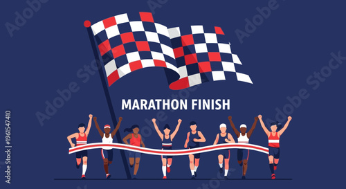 Marathon Finish Line: A Group Of Runners Triumphantly Crossing the Finish With Enthusiasm