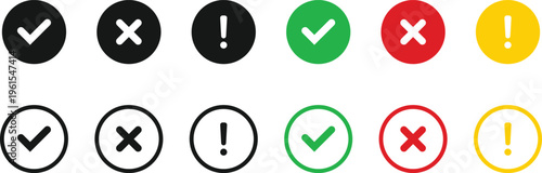 Vector check mark cross and exclamation point circle icon set in black outline, solid color and white outline versions, on transparent background.