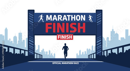 Marathon Finish Line Arch With Runner And Cityscape Illustration