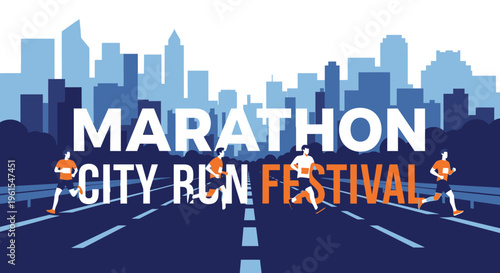 Marathon City Run Festival In Urban Landscape Vector Illustration, Active Healthy Lifestyle