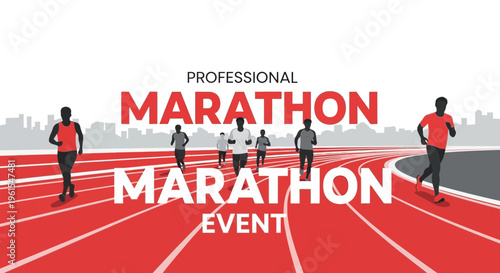 Marathon Event Banner Depicting Athletes On Track In Dynamic Motion Silhouette, Competition