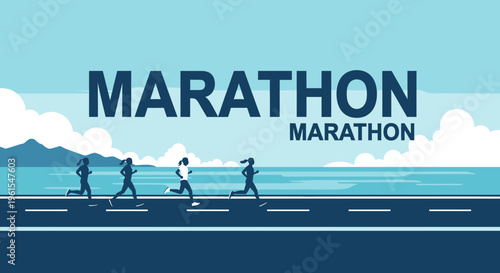Marathon Runners Racing Alongside the Ocean Under a Cloudy Sky, Fitness Illustration
