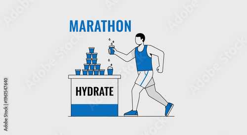 Marathon Runner Hydrating At Aid Station With Stacked Cups