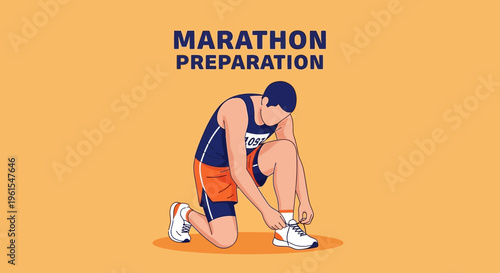 Marathon Runner Prepares Before Race by Tying His Shoelaces For A Successful Run