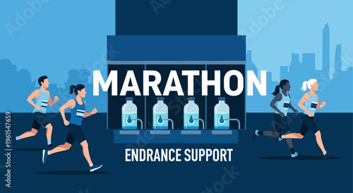 Marathon Runners Receiving Hydration During an Endurance Race Against A City Skyline Scene