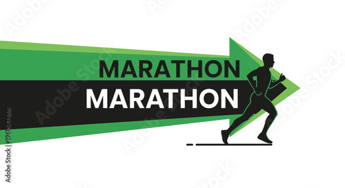 Marathon Runner Silhouette Racing Towards the Finish Line with Green Arrow Design