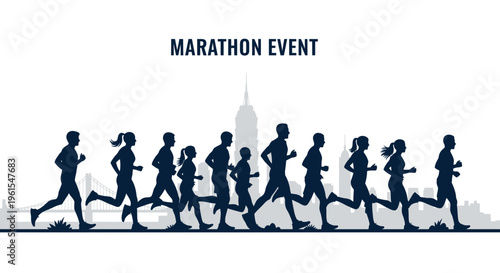 Marathon Runners Silhouette Racing Towards Urban Skyline Event Competition Run