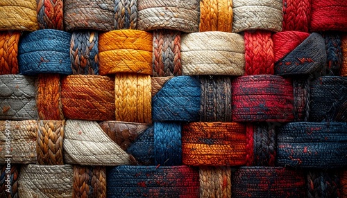 Close-up view of woven threads in an array of colors, creating a textured patchwork effect. Diverse fibers interlace