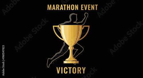 Marathon Victory Celebration Illustrated Gold Trophy and Runner Silhouette on Black Background