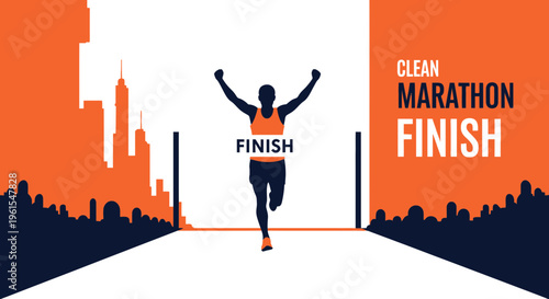 Marathon Victory Celebration In Front Of City Skyline Reaching The Finish Line