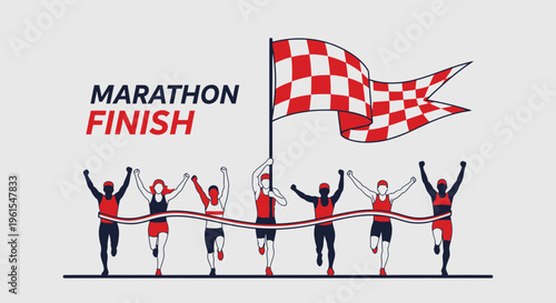 Marathon Victory Celebration: Runners Crossing Finish Line With Checkered Flag Triumph