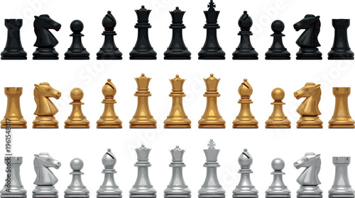 Chess Pieces Vector Set Featuring Black, Gold, and Silver Complete Game Figures Including King, Queen, Bishop, Knight, Rook, and Pawn