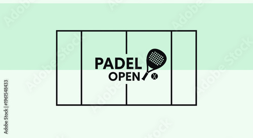 Minimalist Padel Open Logo Design Featuring Court, Racquet, And Ball Iconography