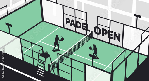 Minimalist Padel Open Illustration Depicting Sport Activities On Green Court For Advertisement