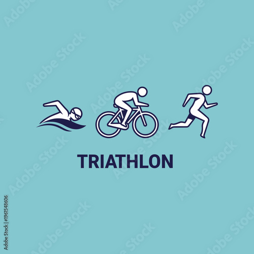 Minimalist Triathlon Icon Set Depicting Swimming, Cycling, and Running on a Turquoise Background