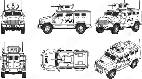 Detailed black and white illustration of SWAT armored tactical vehicle showing multiple views with reinforced armor, bulletproof windows, turret, and law enforcement design for security operations