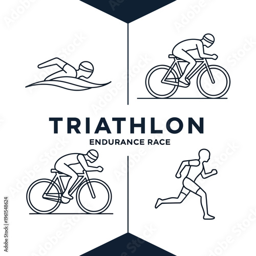 Minimalist Triathlon Icons Depicting Swimming, Cycling, and Running Endurance Activities