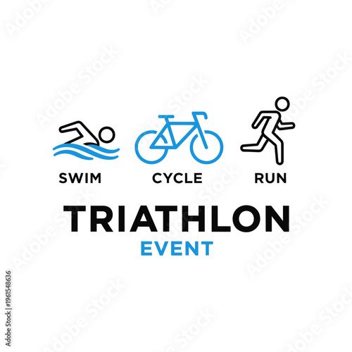 Minimalist Triathlon Illustration Depicting Swimming, Cycling, and Running Activities for