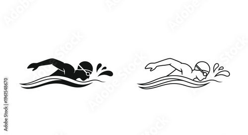 Dynamic vector graphic illustration of a professional swimmer performing the freestyle stroke with water splashes, designed for sports, fitness, and active lifestyle branding.