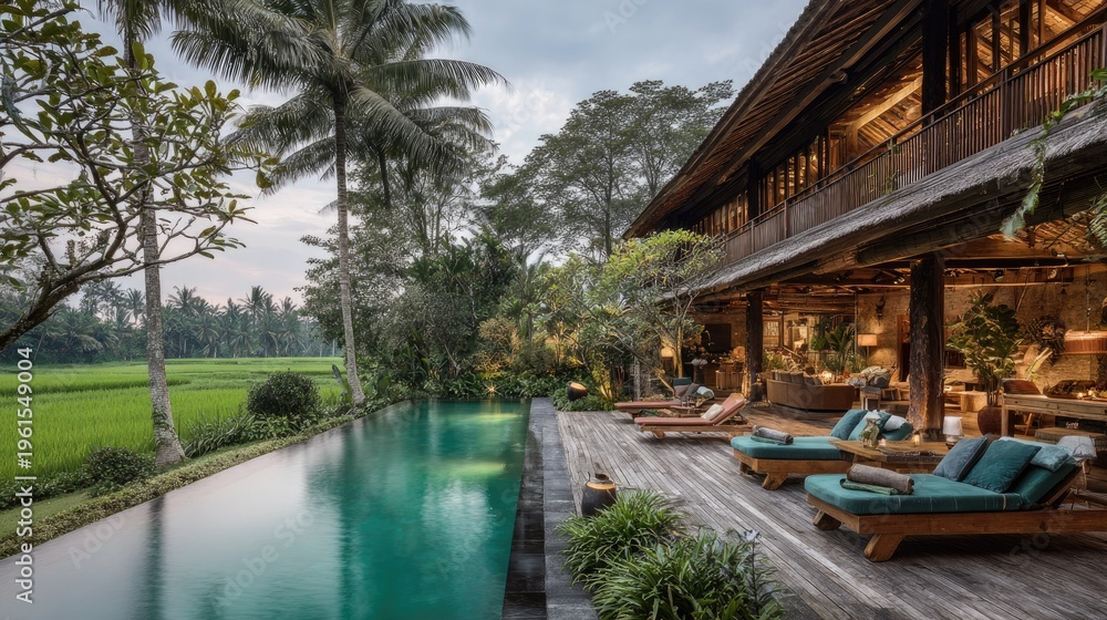 Obraz premium Luxury villa with pool and lush landscape for vacation and relaxation