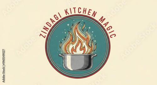 Zindagi kitchen magic logo with flame pot on teal background
