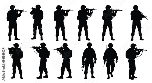 Modern army soldier silhouettes vector illustration set showing diverse poses and equipment for military graphics.
