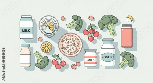 Healthy food and drink ingredients for a balanced diet including milk yogurt fruits vegetables and a pizza on a light background