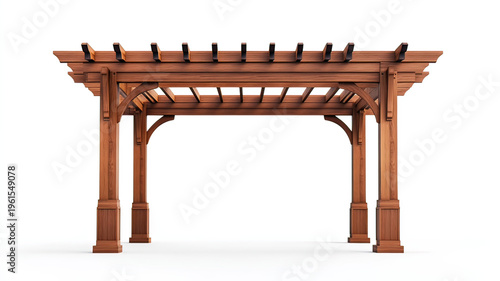 A wooden pergola with a slatted roof and four pillars stands alone