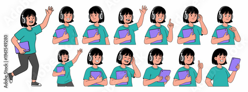 Set of Young Woman Character Poses with Tablet