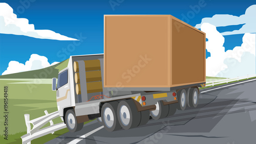 Container truck skidded on the asphalt road. Road is dented and bent. Instead of a guardrail torn from the impact. Background of meadow and mountain under blue sky and white clouds.