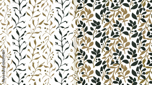 Elegant botanical pattern featuring delicate leaves and stems in gold and black
