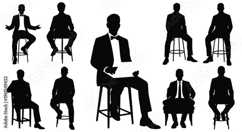 Collection of diverse black vector silhouettes depicting businessmen sitting in various formal poses with one using a laptop.