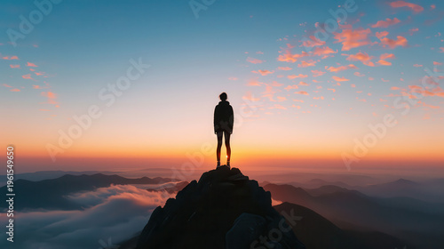 Silhouette stands atop rugged mountain peak