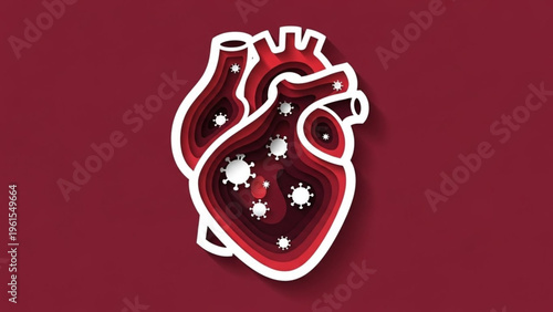 Abstract Paper Cut Heart Illustration with Virus Particles and Red Background