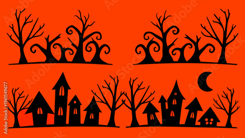 Spooky halloween scene with silhouetted trees houses and a crescent moon