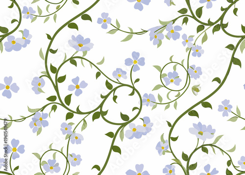 Delicate floral pattern featuring winding vines and small blue forget me not flowers