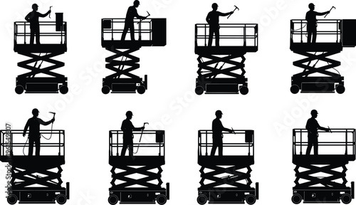Professional Construction Worker Silhouette Set Featuring Industrial Laborers Operating Scissor Lifts with Tools for Building Maintenance Engineering and Heavy Machinery Equipment Stock Asset Projects
