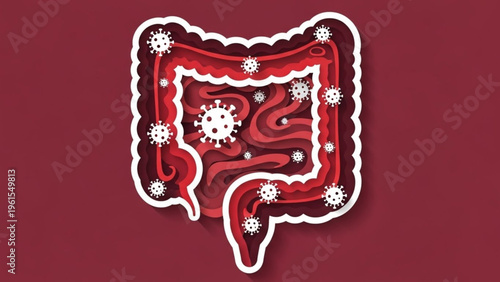 Stylized paper-cut illustration of a human colon afflicted by viral infection, symbolizing digestive health problems and the impact of pathogens on the large intestine