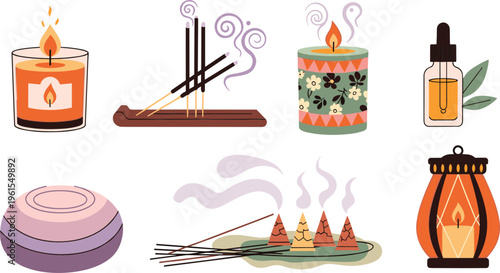 Aromatherapy and relaxation set with candles, incense sticks, essential oils and spa elements, calming vector illustration collection