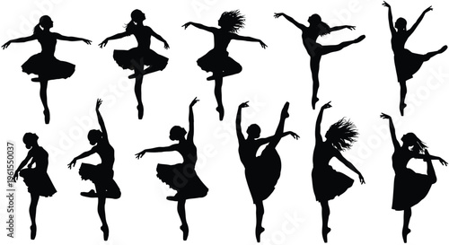 A beautiful collection of elegant ballerina silhouettes in various graceful dance poses vector illustration design.