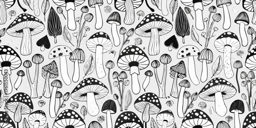 A seamless pattern of various hand drawn mushrooms and whimsical foliage