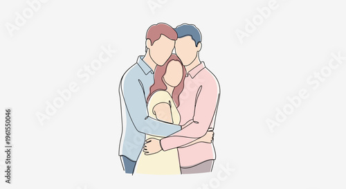 Loving gay couple holding baby tight.