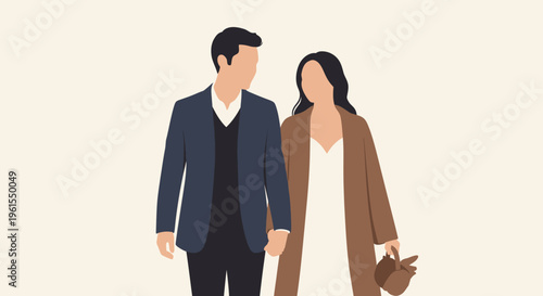 Man and woman walking together outside.