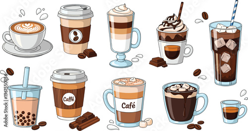 Coffee drinks collection with latte, cappuccino, espresso and iced beverages, realistic cafe menu vector illustration set isolated